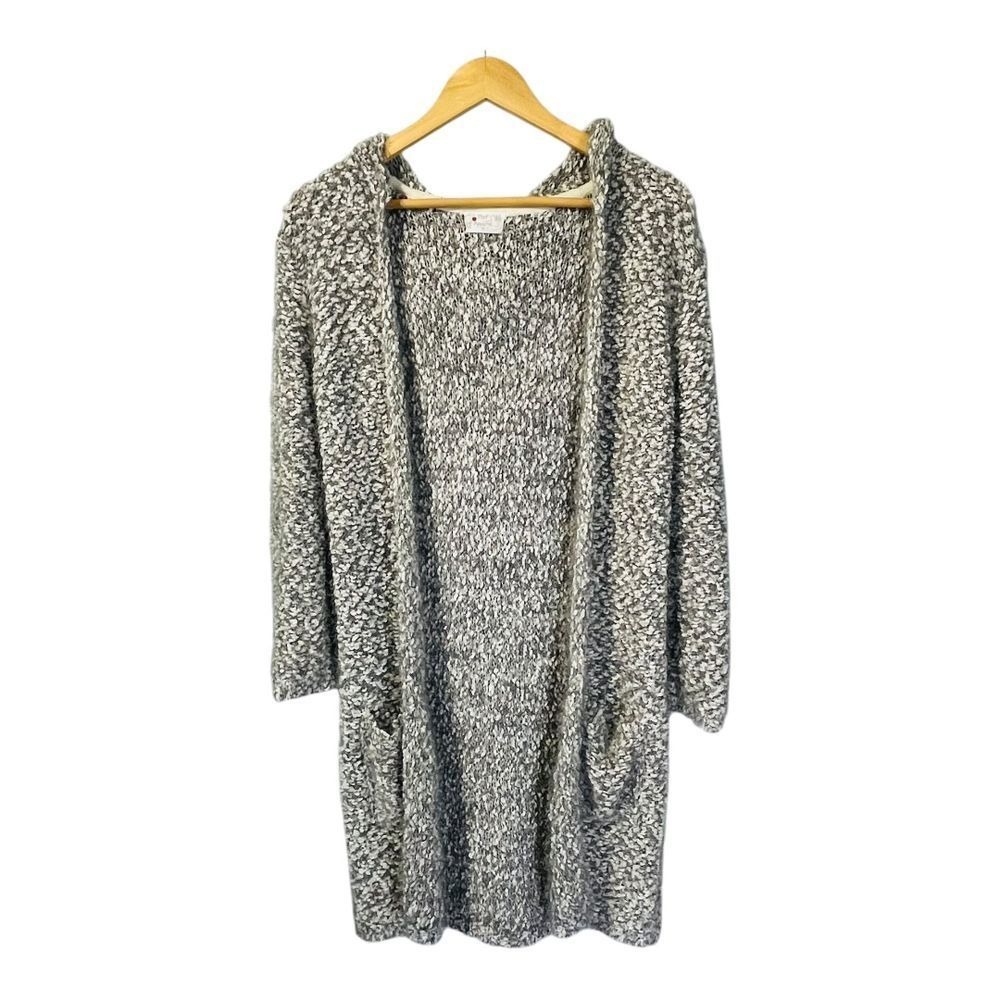 Poof Apparel Cardigan Womens Medium Grey White Hooded Longline Textured Pocket‎